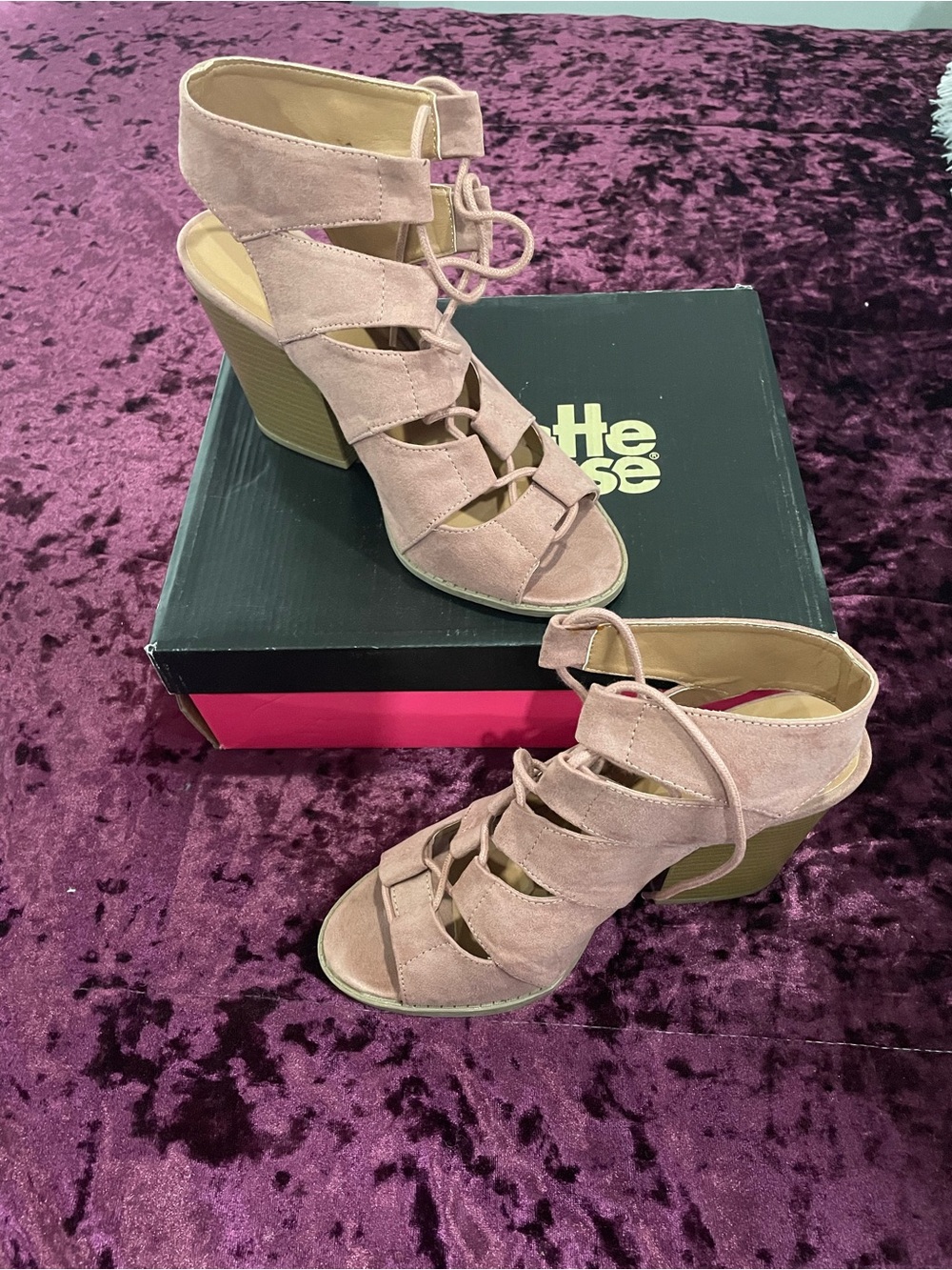 Charlotte Russe Blush Pink Suede Lace-Up Block Heel Sandals